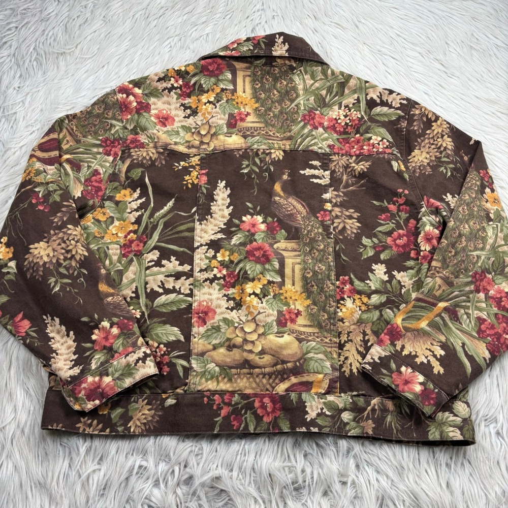 Norm Thompson Women's L Brown Floral Peacock Twill Jacket Art Deco Artsy - Picture 4 of 4